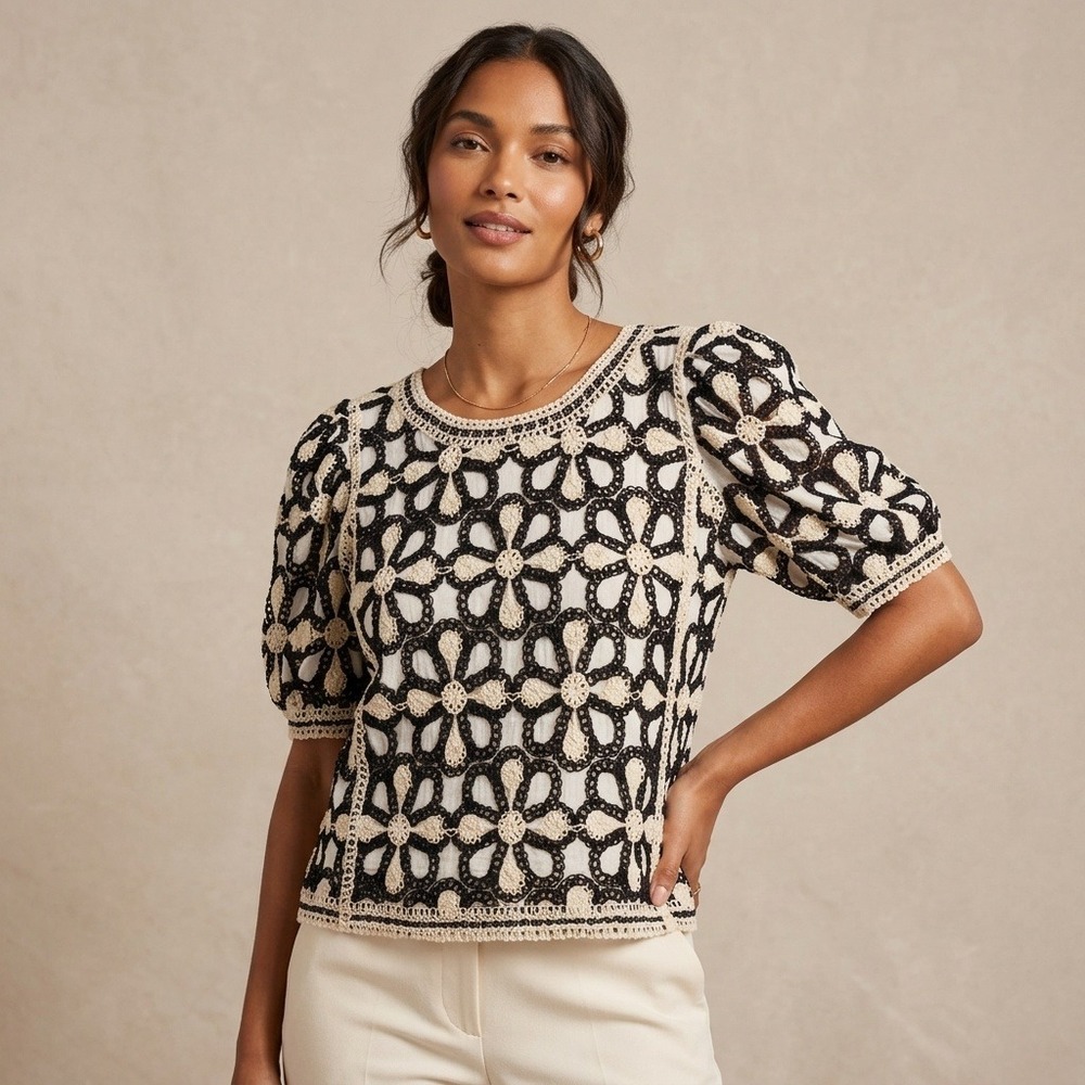 Solitaire Blouse Womens Black Cream Floral Crochet Puff Sleeve Gauze Boho Size L